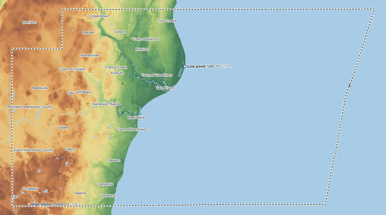 Topographic elevation map of Manitowoc County, Wisconsin, shaded from 580 ft on the north side to 1,080 ft on the southwest side