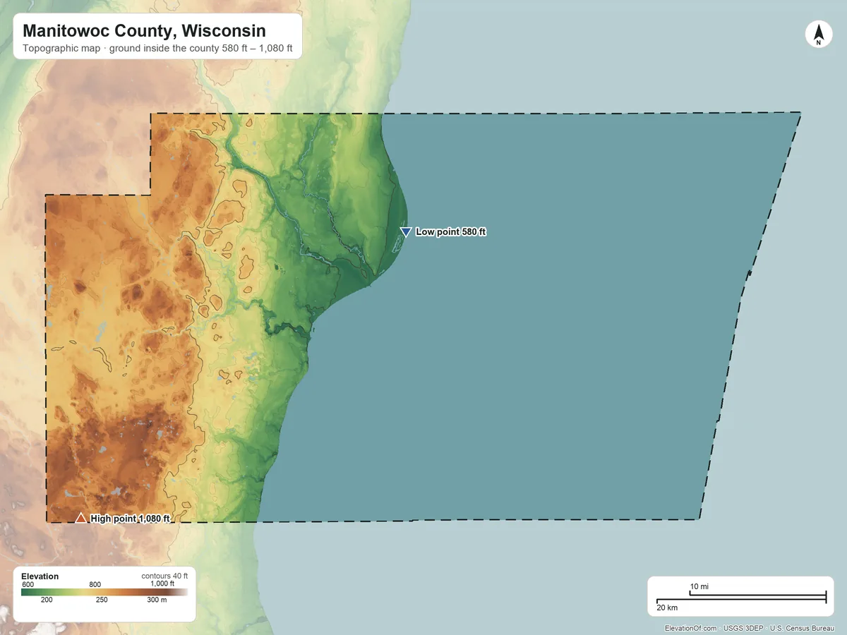Topographic elevation map of Manitowoc County, Wisconsin, shaded from 580 ft on the north side to 1,080 ft on the southwest side