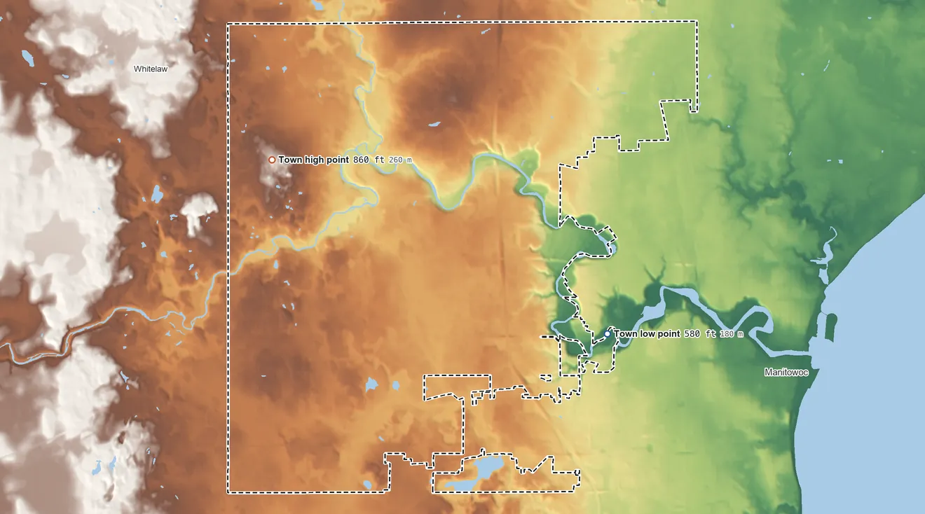 Topographic elevation map of Manitowoc Rapids, Wisconsin, shaded from 580 ft on the southeast side to 860 ft on the west side