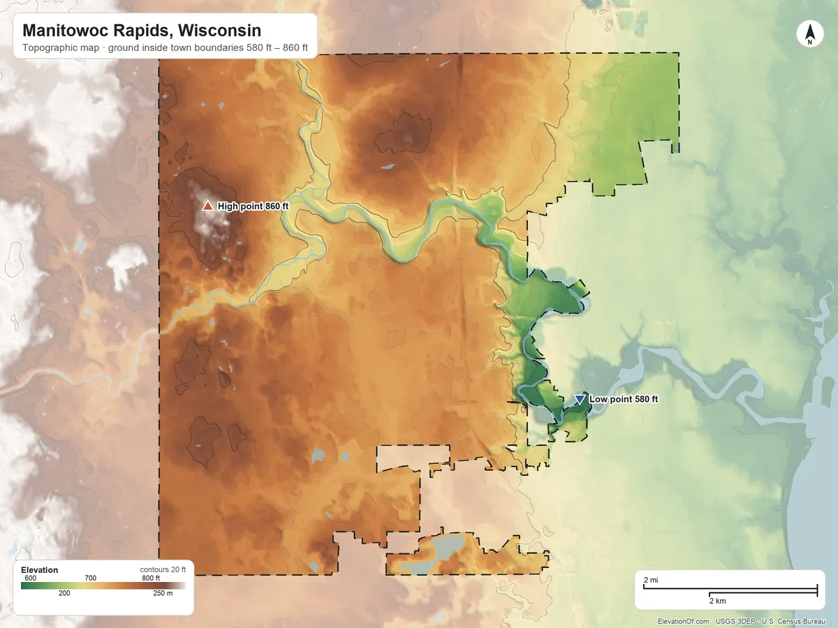 Topographic elevation map of Manitowoc Rapids, Wisconsin, shaded from 580 ft on the southeast side to 860 ft on the west side