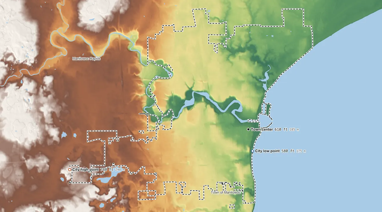 Topographic elevation map of Manitowoc, Wisconsin, shaded from 580 ft near the middle to 780 ft on the west side