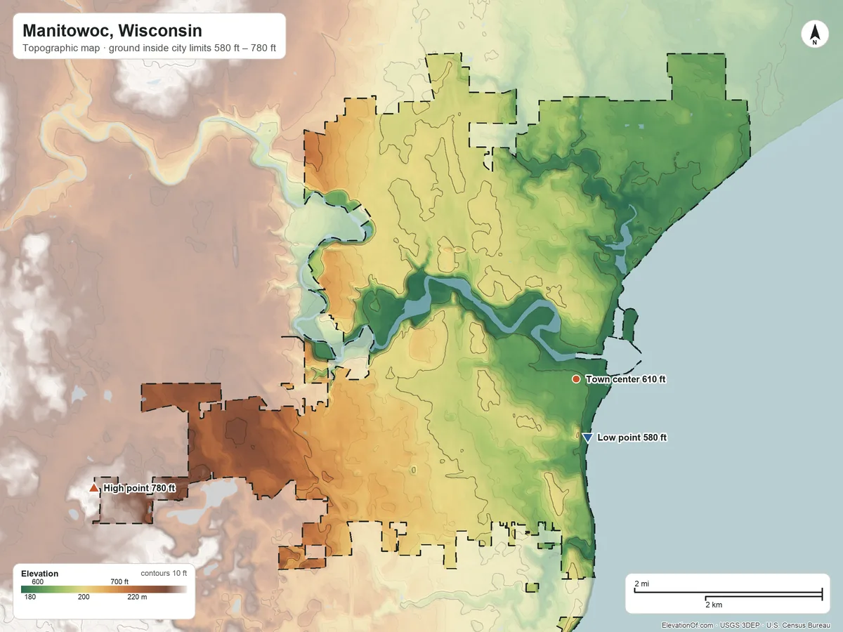 Topographic elevation map of Manitowoc, Wisconsin, shaded from 580 ft near the middle to 780 ft on the west side