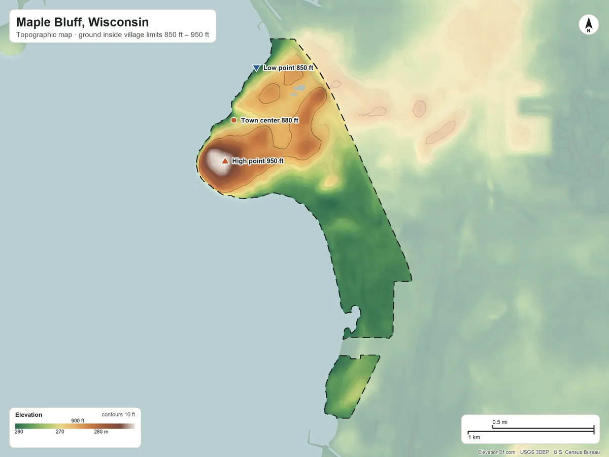 Topographic elevation map of Maple Bluff, Wisconsin, shaded from 850 ft on the northeast side to 950 ft near the middle