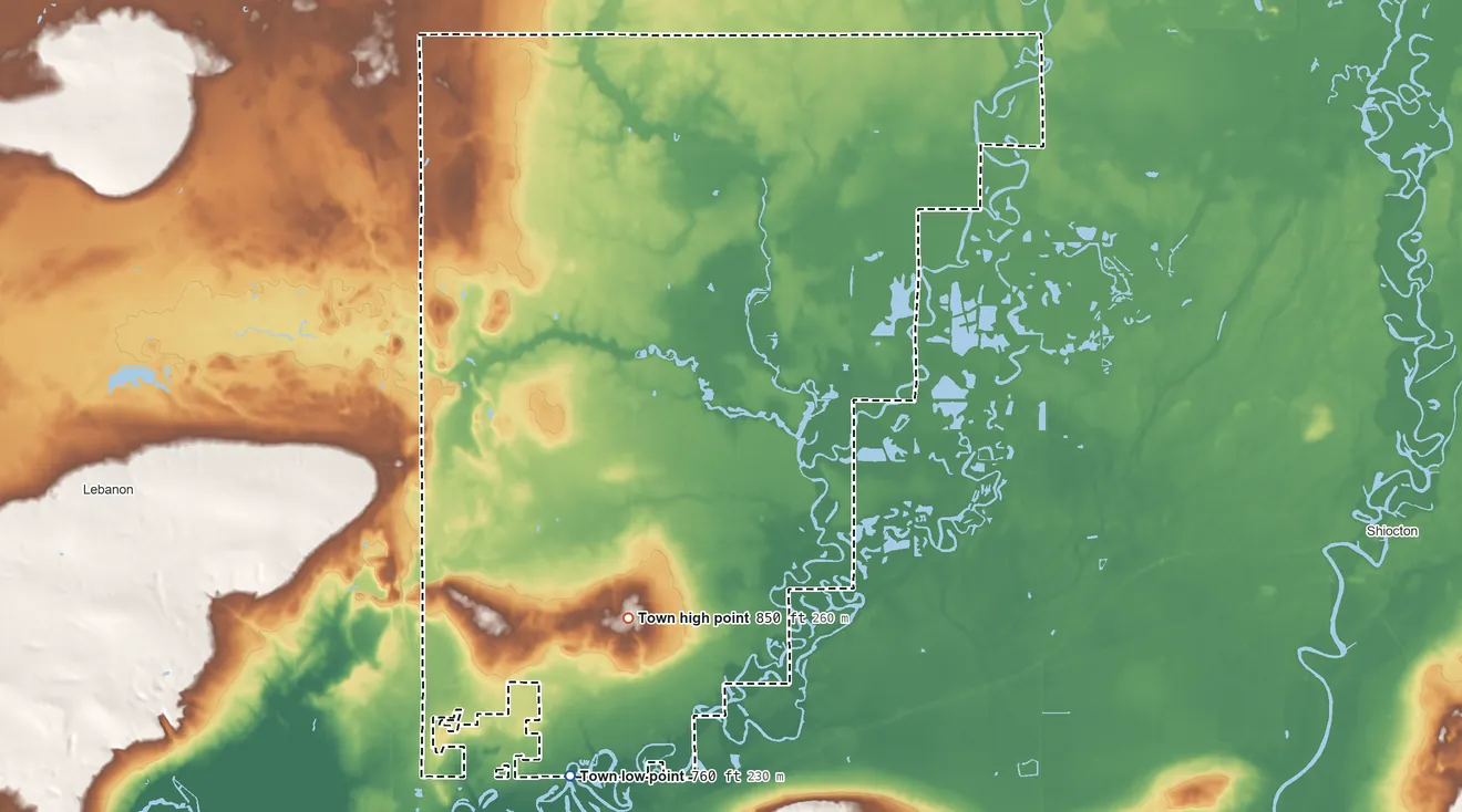 Topographic elevation map of Maple Creek, Wisconsin, shaded from 760 ft on the south side to 850 ft on the south side