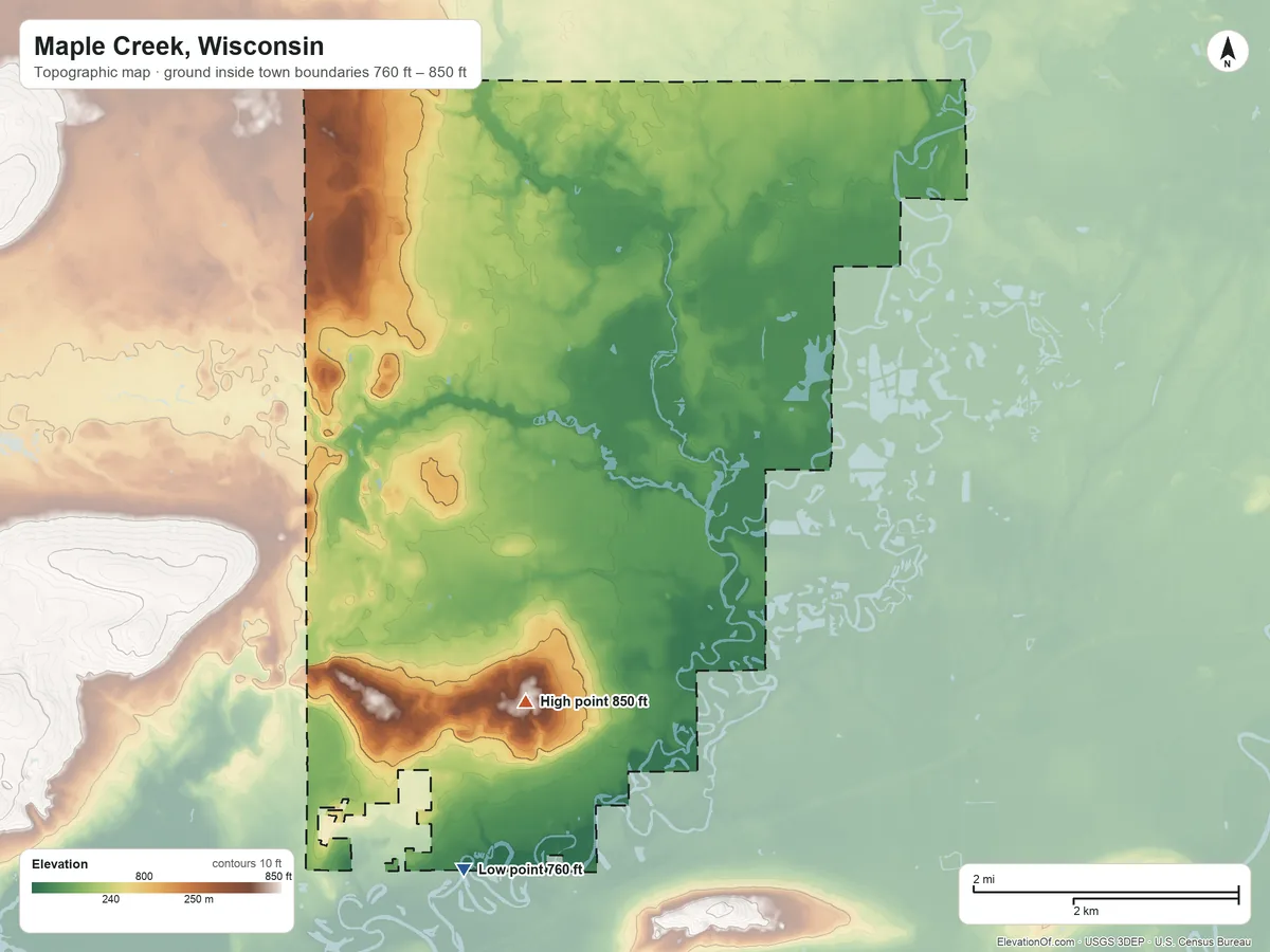 Topographic elevation map of Maple Creek, Wisconsin, shaded from 760 ft on the south side to 850 ft on the south side