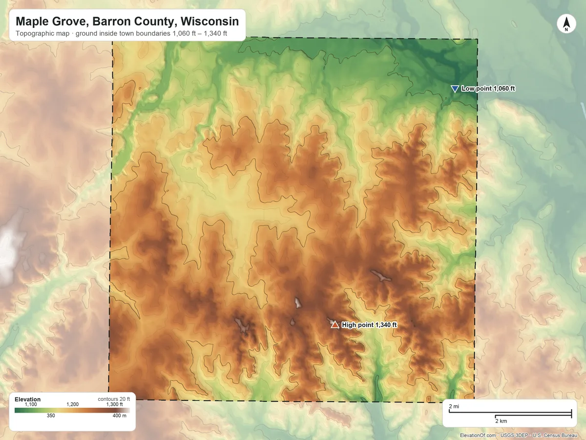 Topographic elevation map of Maple Grove, Barron County, Wisconsin, shaded from 1,060 ft on the northeast side to 1,340 ft on the southeast side
