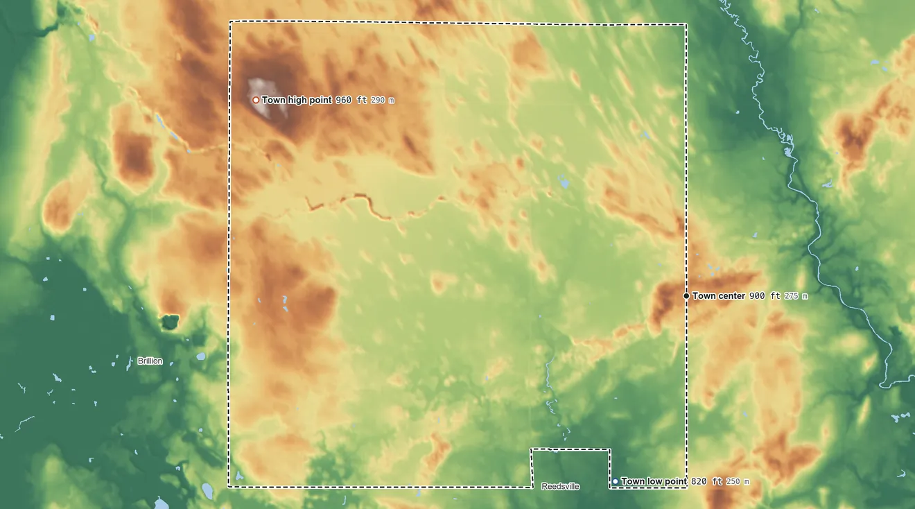 Topographic elevation map of Maple Grove, Manitowoc County, Wisconsin, shaded from 820 ft on the south side to 960 ft on the northwest side