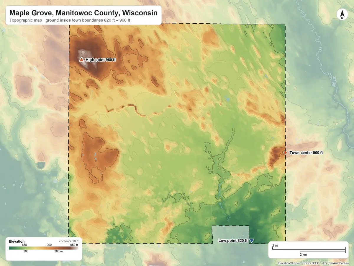Topographic elevation map of Maple Grove, Manitowoc County, Wisconsin, shaded from 820 ft on the south side to 960 ft on the northwest side