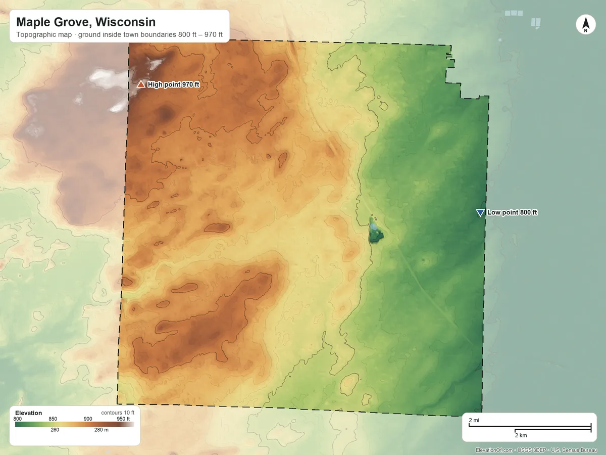 Topographic elevation map of Maple Grove, Wisconsin, shaded from 800 ft on the east side to 970 ft on the northwest side