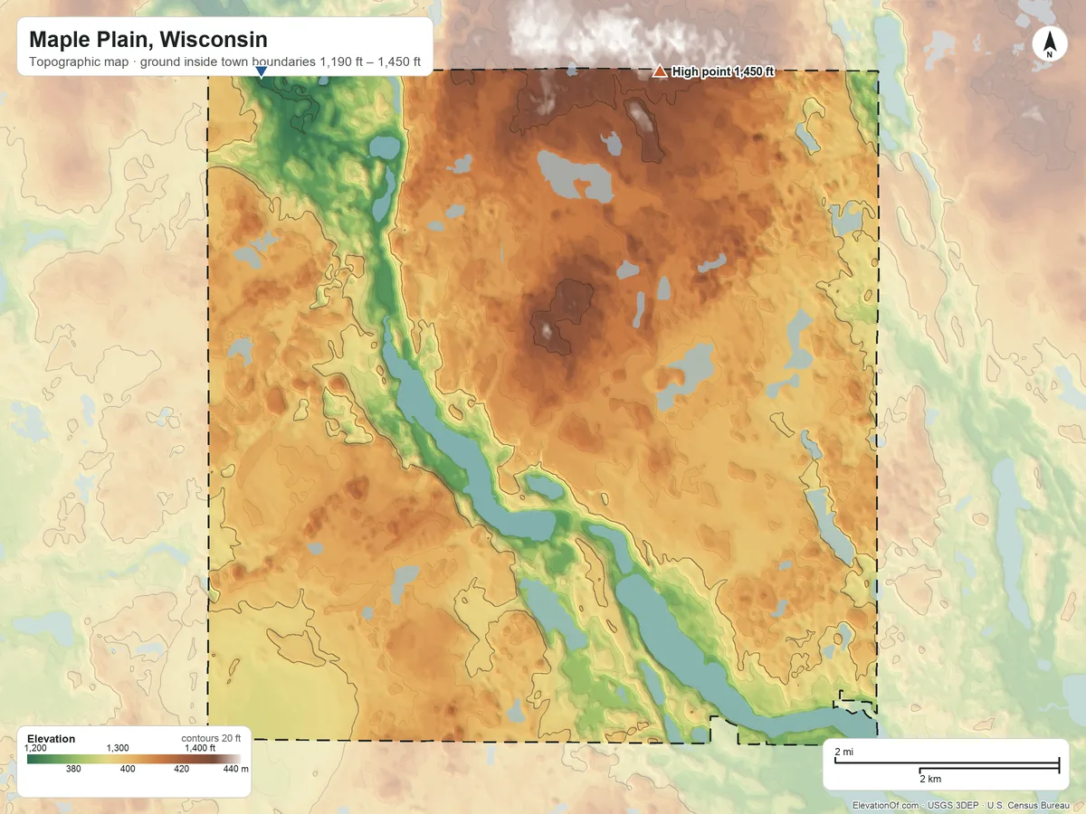 Topographic elevation map of Maple Plain, Wisconsin, shaded from 1,190 ft on the northwest side to 1,450 ft on the north side