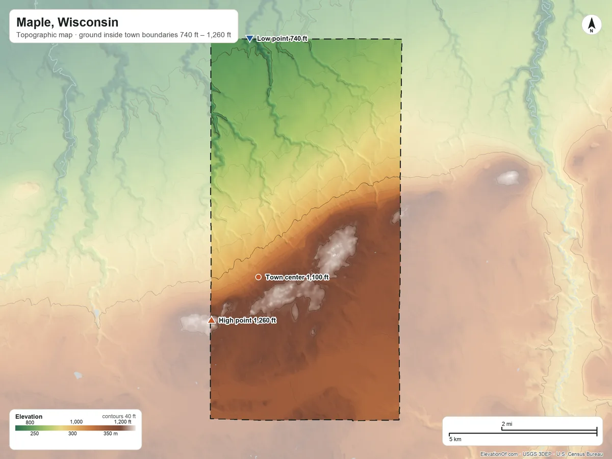 Topographic elevation map of Maple, Wisconsin, shaded from 740 ft on the north side to 1,260 ft on the southwest side