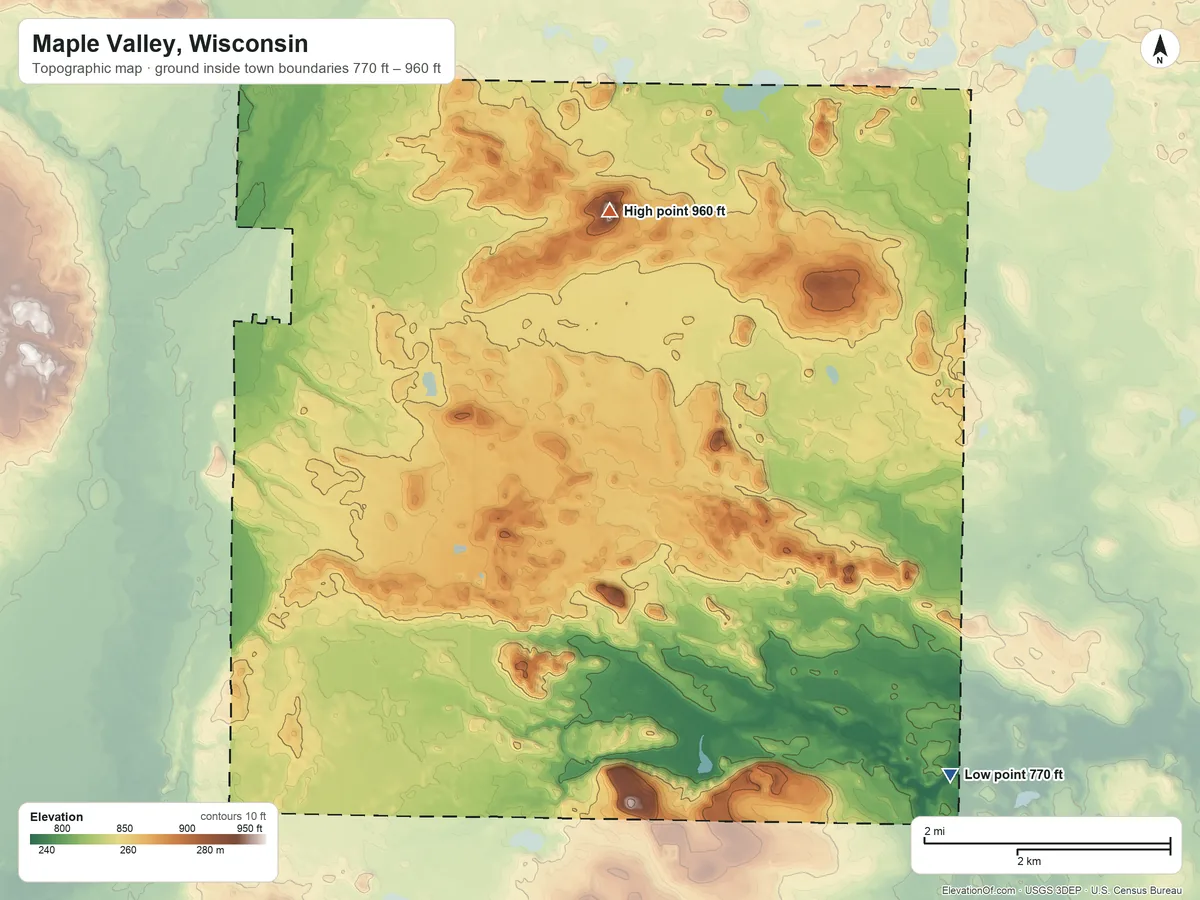 Topographic elevation map of Maple Valley, Wisconsin, shaded from 770 ft on the southeast side to 960 ft on the north side