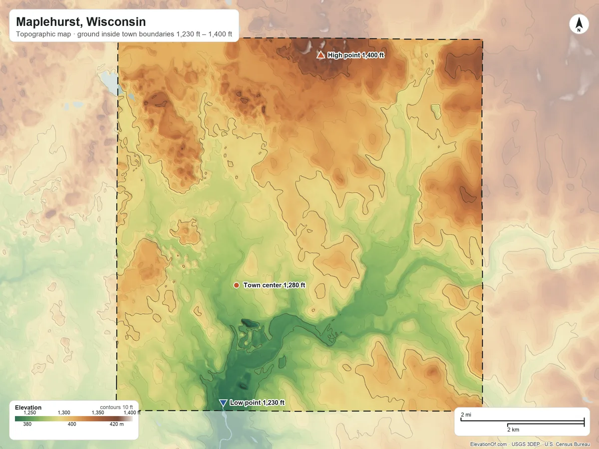 Topographic elevation map of Maplehurst, Wisconsin, shaded from 1,230 ft on the south side to 1,400 ft on the north side