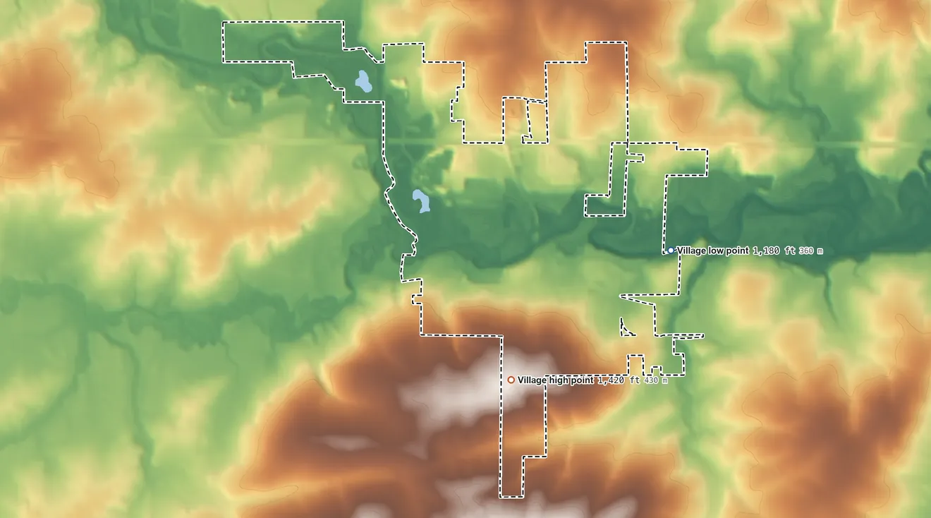 Topographic elevation map of Marathon City, Wisconsin, shaded from 1,180 ft on the east side to 1,420 ft on the south side