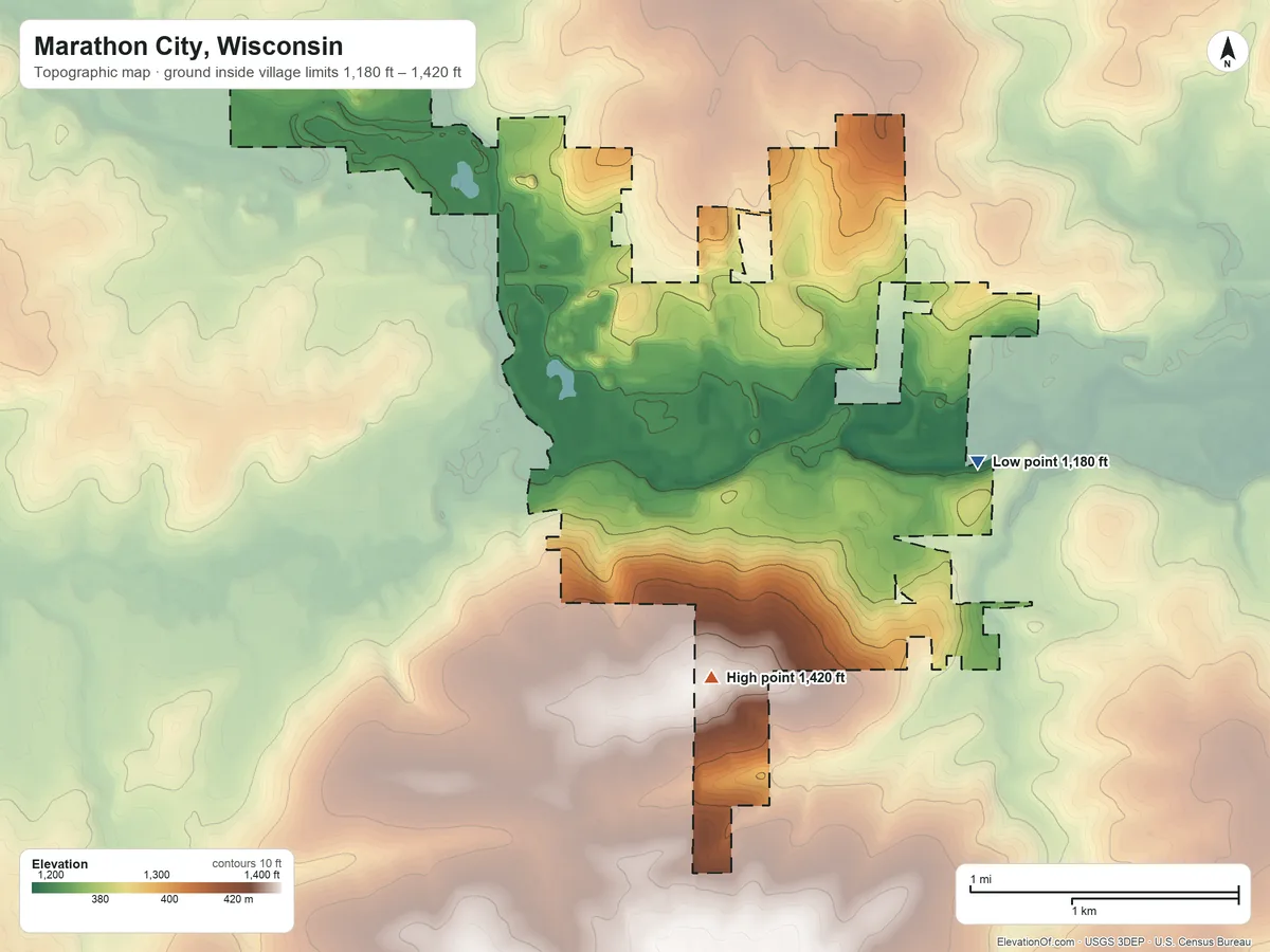 Topographic elevation map of Marathon City, Wisconsin, shaded from 1,180 ft on the east side to 1,420 ft on the south side