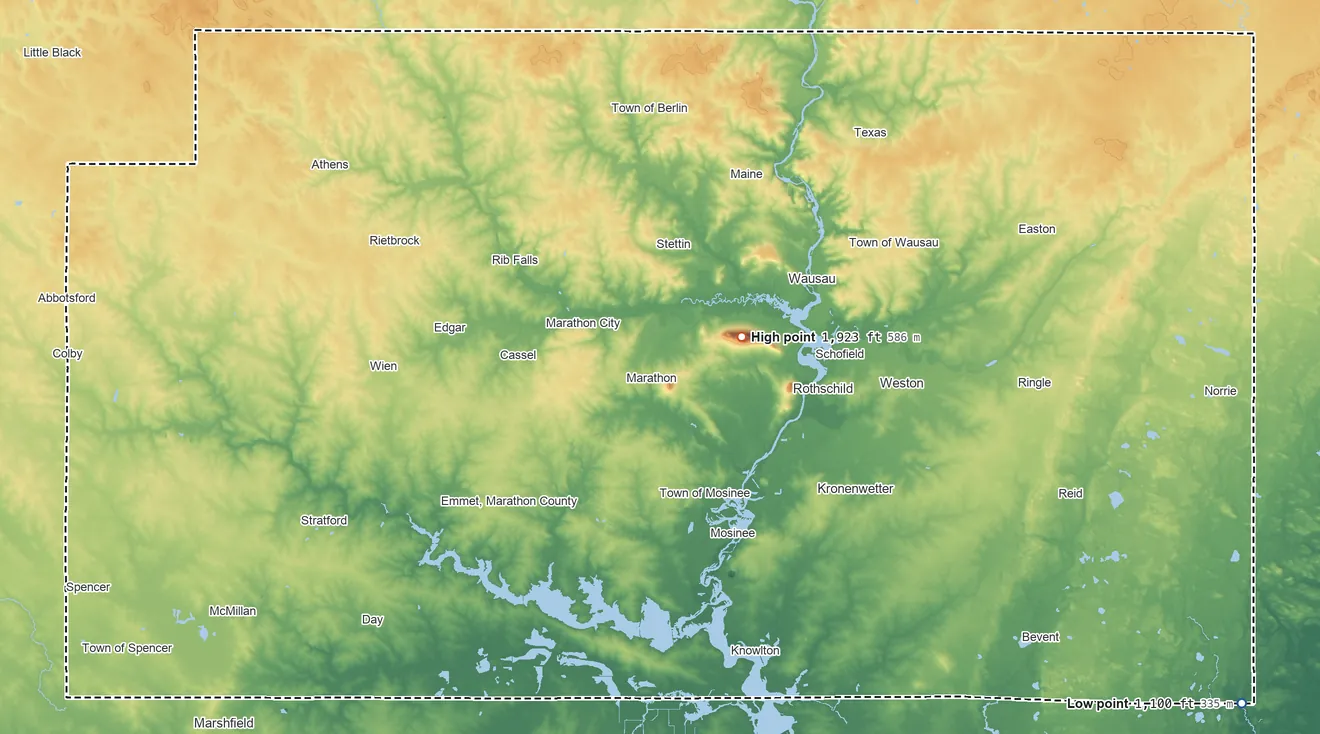 Topographic elevation map of Marathon County, Wisconsin, shaded from 1,100 ft on the southeast side to 1,923 ft on Rib Mountain