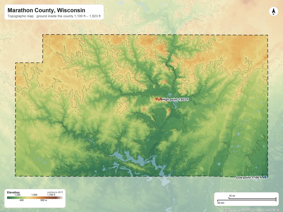 Topographic elevation map of Marathon County, Wisconsin, shaded from 1,100 ft on the southeast side to 1,923 ft on Rib Mountain