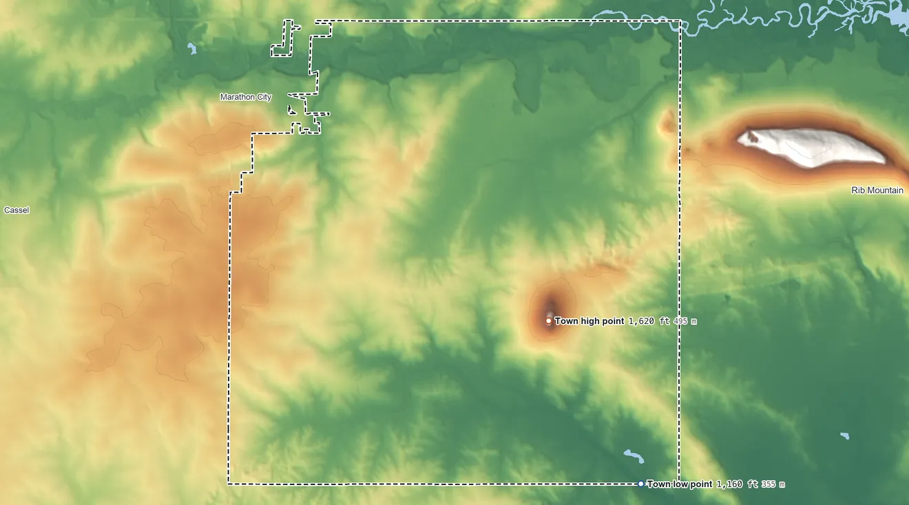 Topographic elevation map of Marathon, Wisconsin, shaded from 1,160 ft on the southeast side to 1,620 ft on the southeast side