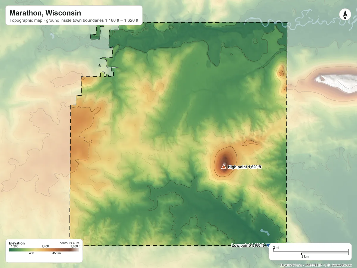 Topographic elevation map of Marathon, Wisconsin, shaded from 1,160 ft on the southeast side to 1,620 ft on the southeast side