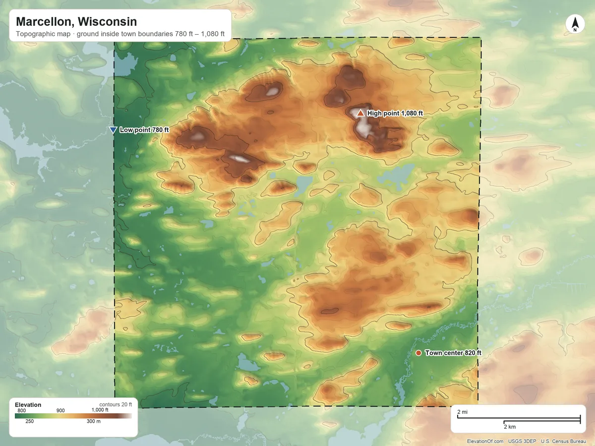 Topographic elevation map of Marcellon, Wisconsin, shaded from 780 ft on the northwest side to 1,080 ft on the north side