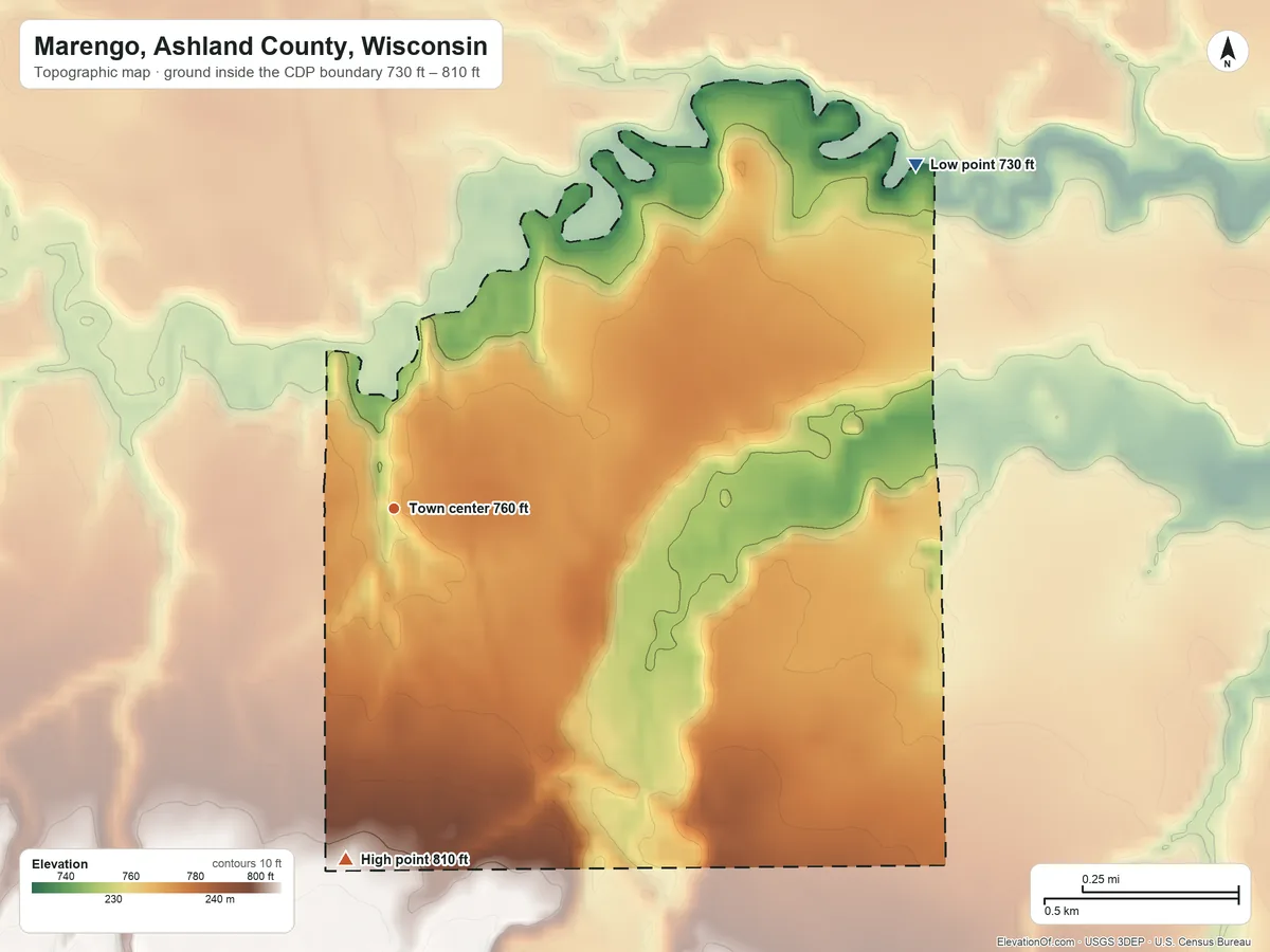 Topographic elevation map of Marengo, Ashland County, Wisconsin, shaded from 730 ft on the northeast side to 810 ft on the south side