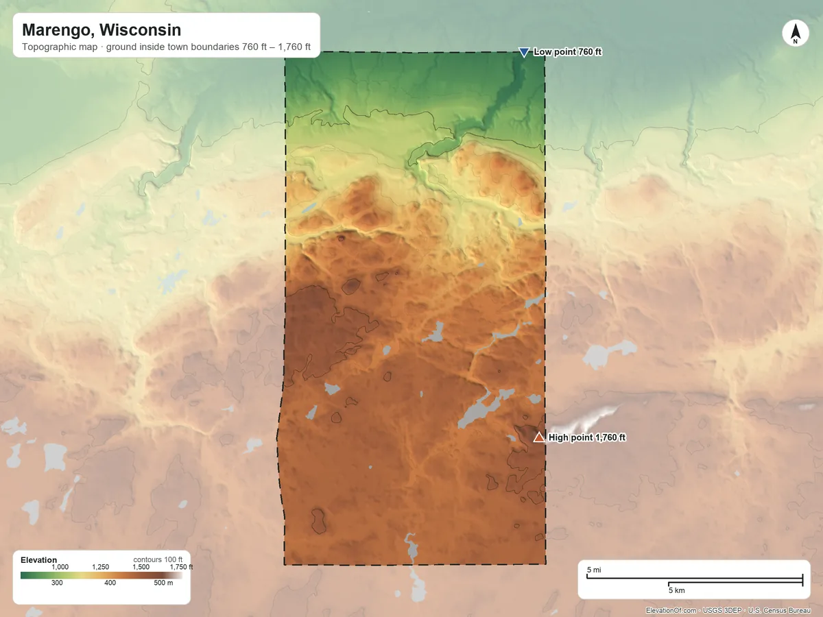 Topographic elevation map of Marengo, Wisconsin, shaded from 760 ft on the northeast side to 1,760 ft on the south side