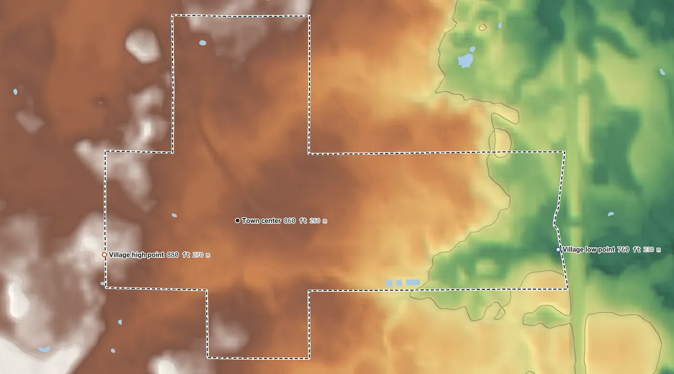 Topographic elevation map of Maribel, Wisconsin, shaded from 760 ft on the east side to 880 ft on the west side