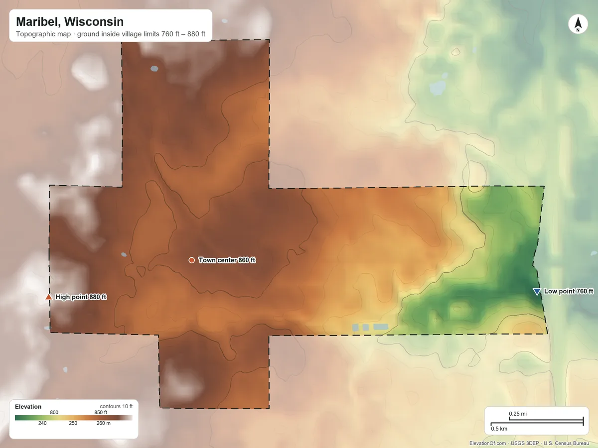 Topographic elevation map of Maribel, Wisconsin, shaded from 760 ft on the east side to 880 ft on the west side