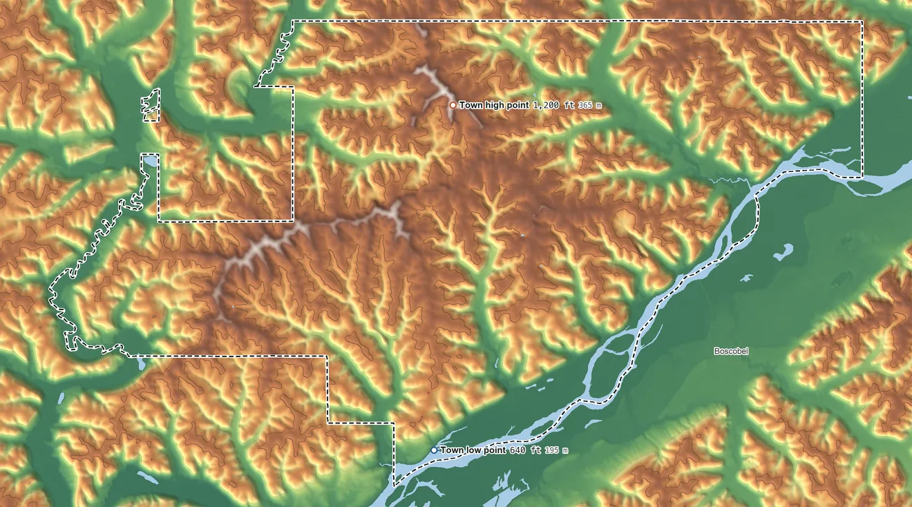 Topographic elevation map of Marietta, Wisconsin, shaded from 640 ft on the south side to 1,200 ft on the north side