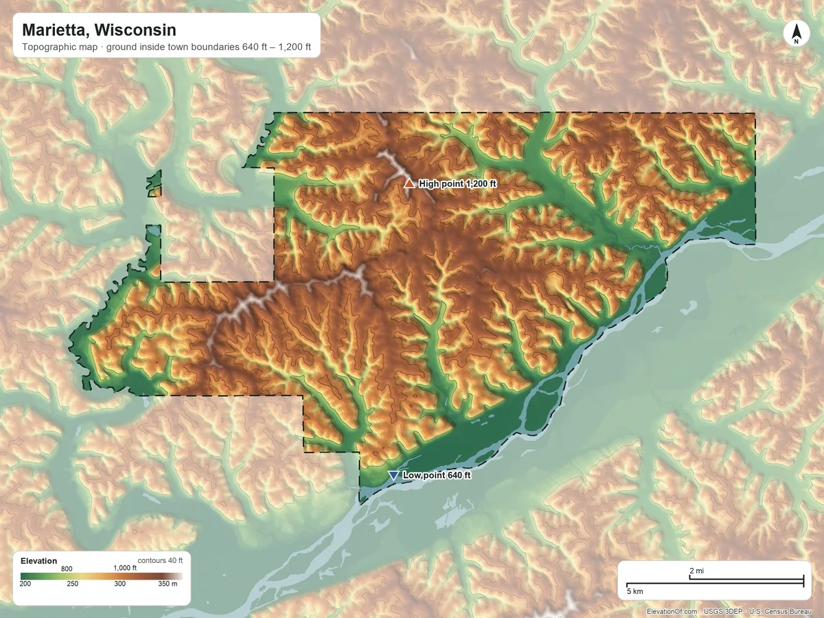Topographic elevation map of Marietta, Wisconsin, shaded from 640 ft on the south side to 1,200 ft on the north side