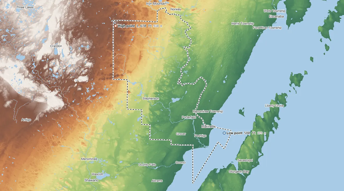 Topographic elevation map of Marinette County, Wisconsin, shaded from 580 ft on the southeast side to 1,670 ft on the northwest side
