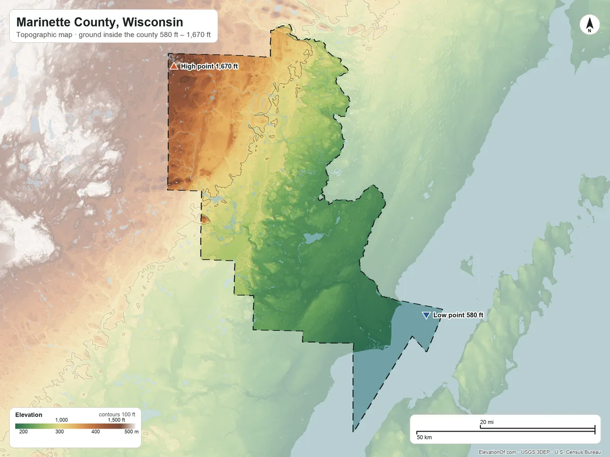 Topographic elevation map of Marinette County, Wisconsin, shaded from 580 ft on the southeast side to 1,670 ft on the northwest side