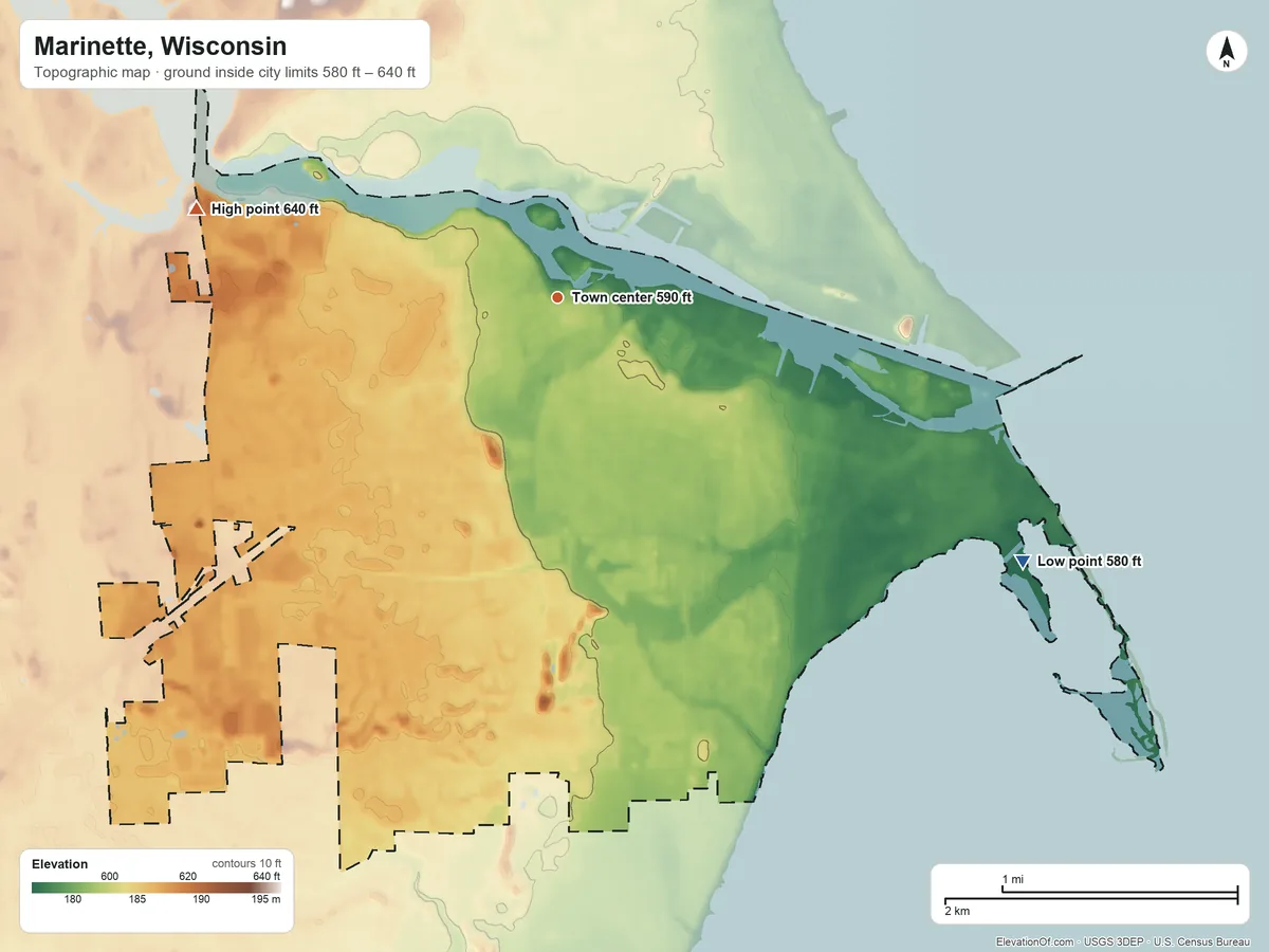 Topographic elevation map of Marinette, Wisconsin, shaded from 580 ft on the southeast side to 640 ft on the west side