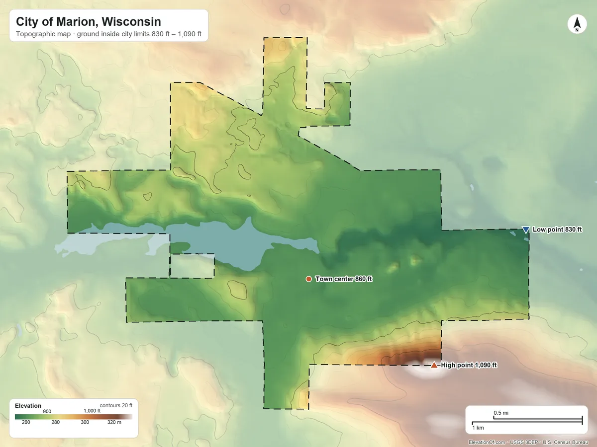 Topographic elevation map of City of Marion, Wisconsin, shaded from 830 ft on the east side to 1,090 ft on the southeast side