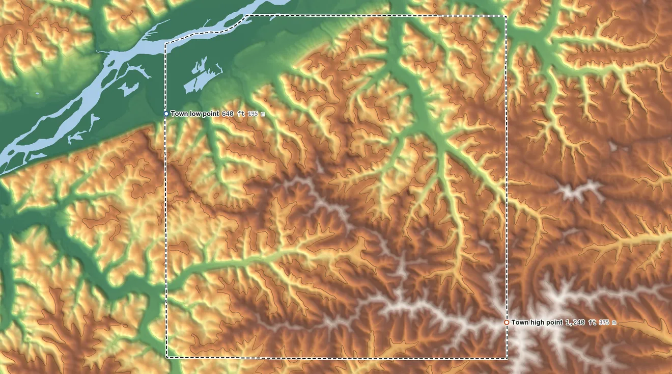 Topographic elevation map of Marion, Grant County, Wisconsin, shaded from 640 ft on the west side to 1,240 ft on the southeast side