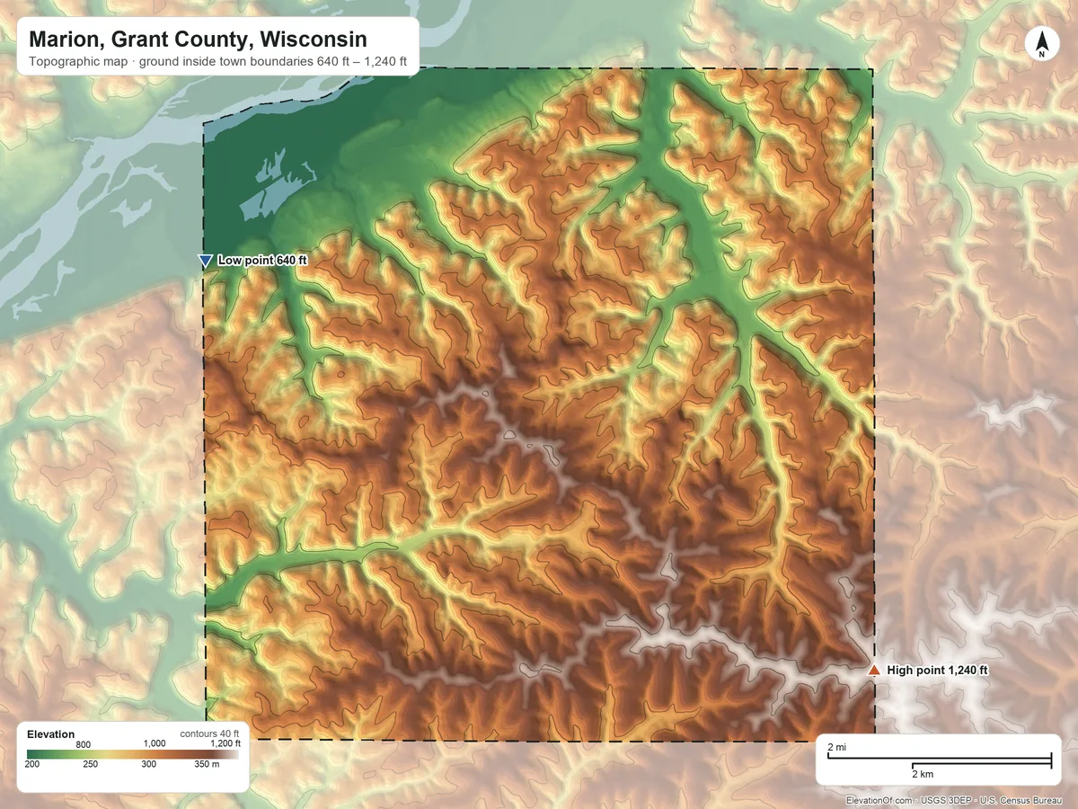 Topographic elevation map of Marion, Grant County, Wisconsin, shaded from 640 ft on the west side to 1,240 ft on the southeast side