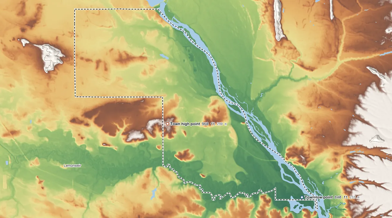 Topographic elevation map of Marion, Juneau County, Wisconsin, shaded from 840 ft on the southeast side to 960 ft near the middle