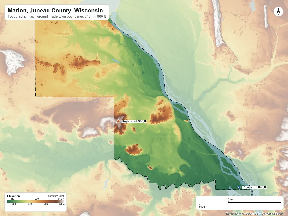 Topographic elevation map of Marion, Juneau County, Wisconsin, shaded from 840 ft on the southeast side to 960 ft near the middle