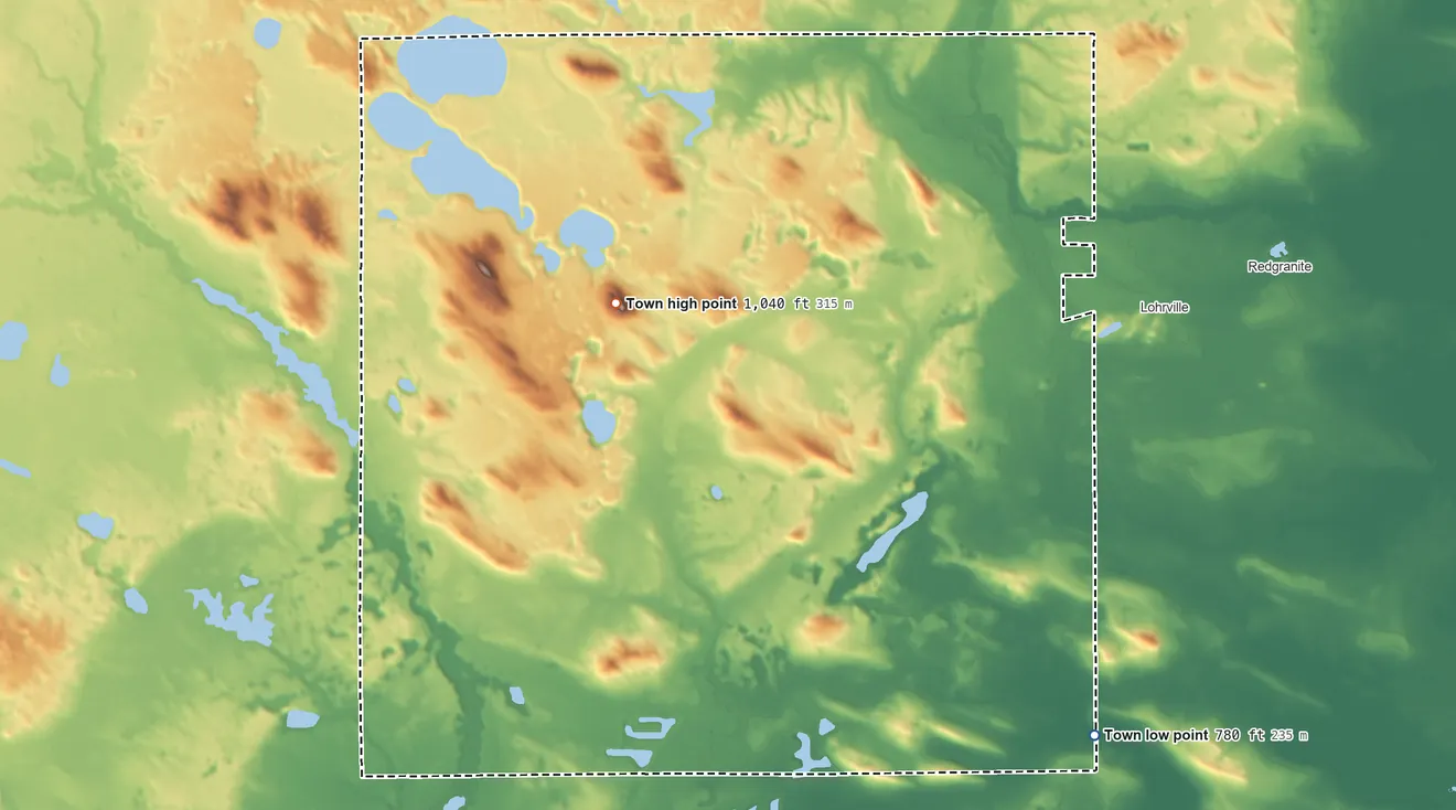 Topographic elevation map of Marion, Wisconsin, shaded from 780 ft on the southeast side to 1,040 ft near the middle