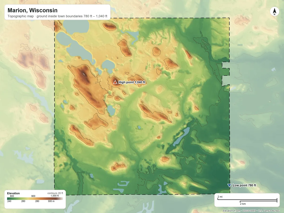 Topographic elevation map of Marion, Wisconsin, shaded from 780 ft on the southeast side to 1,040 ft near the middle