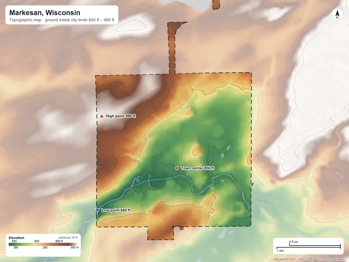 Topographic elevation map of Markesan, Wisconsin, shaded from 840 ft on the southwest side to 990 ft on the northwest side