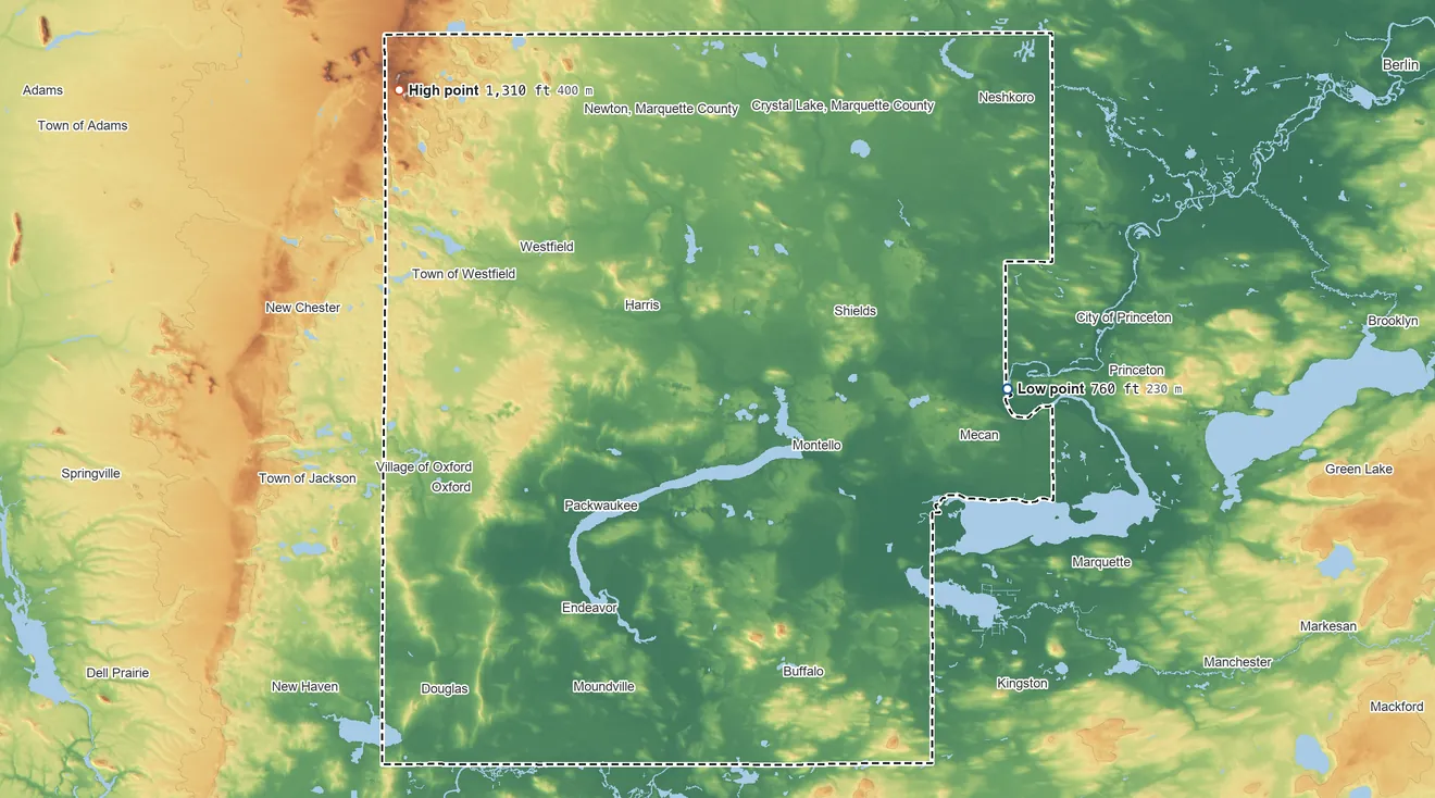 Topographic elevation map of Marquette County, Wisconsin, shaded from 760 ft on the east side to 1,310 ft on the northwest side