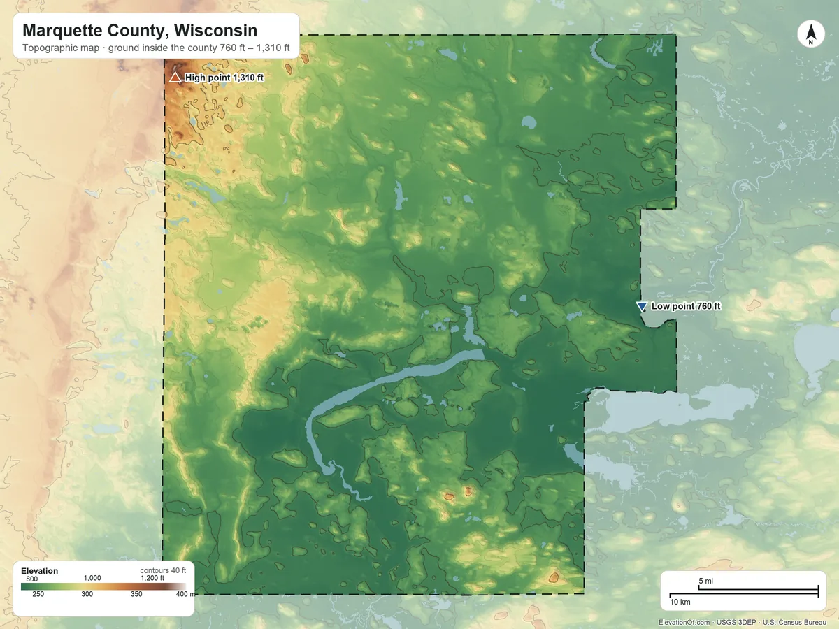 Topographic elevation map of Marquette County, Wisconsin, shaded from 760 ft on the east side to 1,310 ft on the northwest side