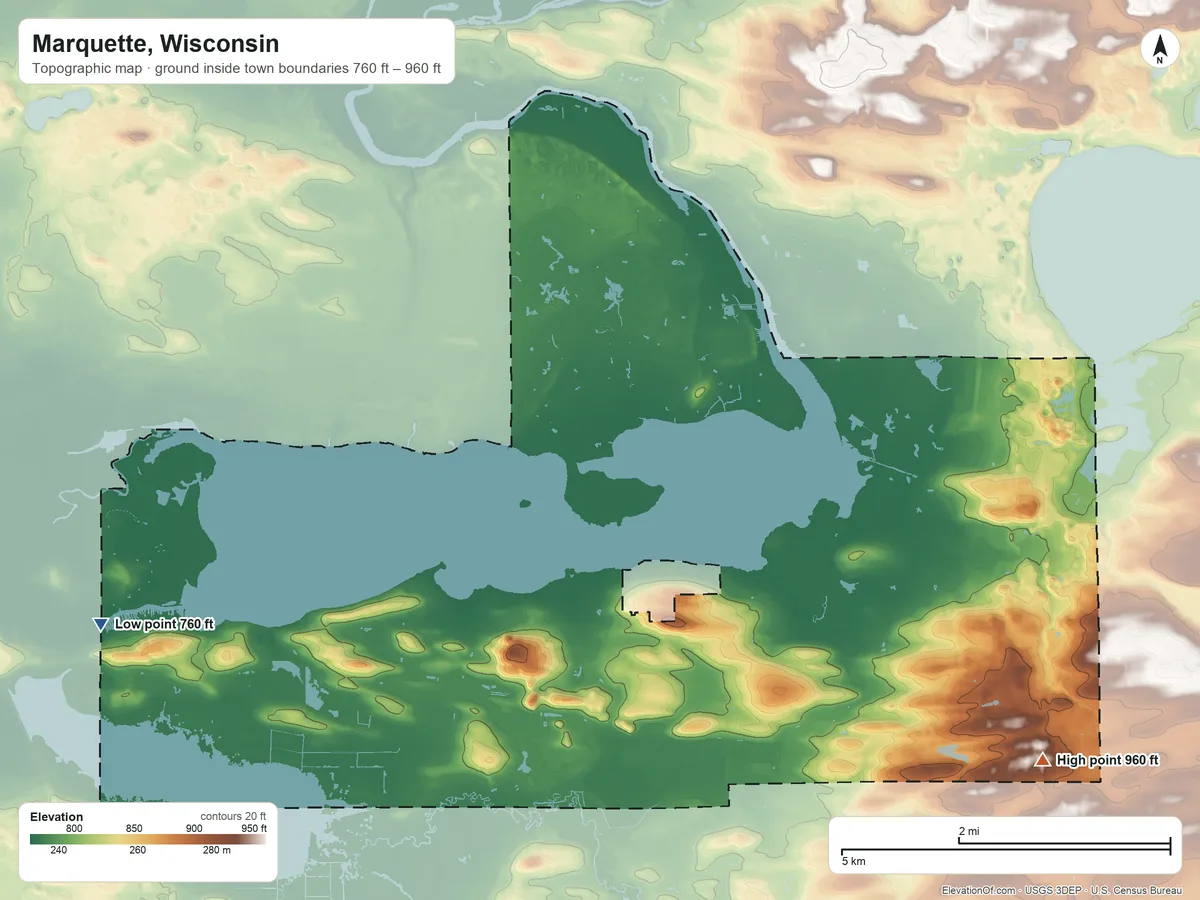 Topographic elevation map of Marquette, Wisconsin, shaded from 760 ft on the west side to 960 ft on the east side