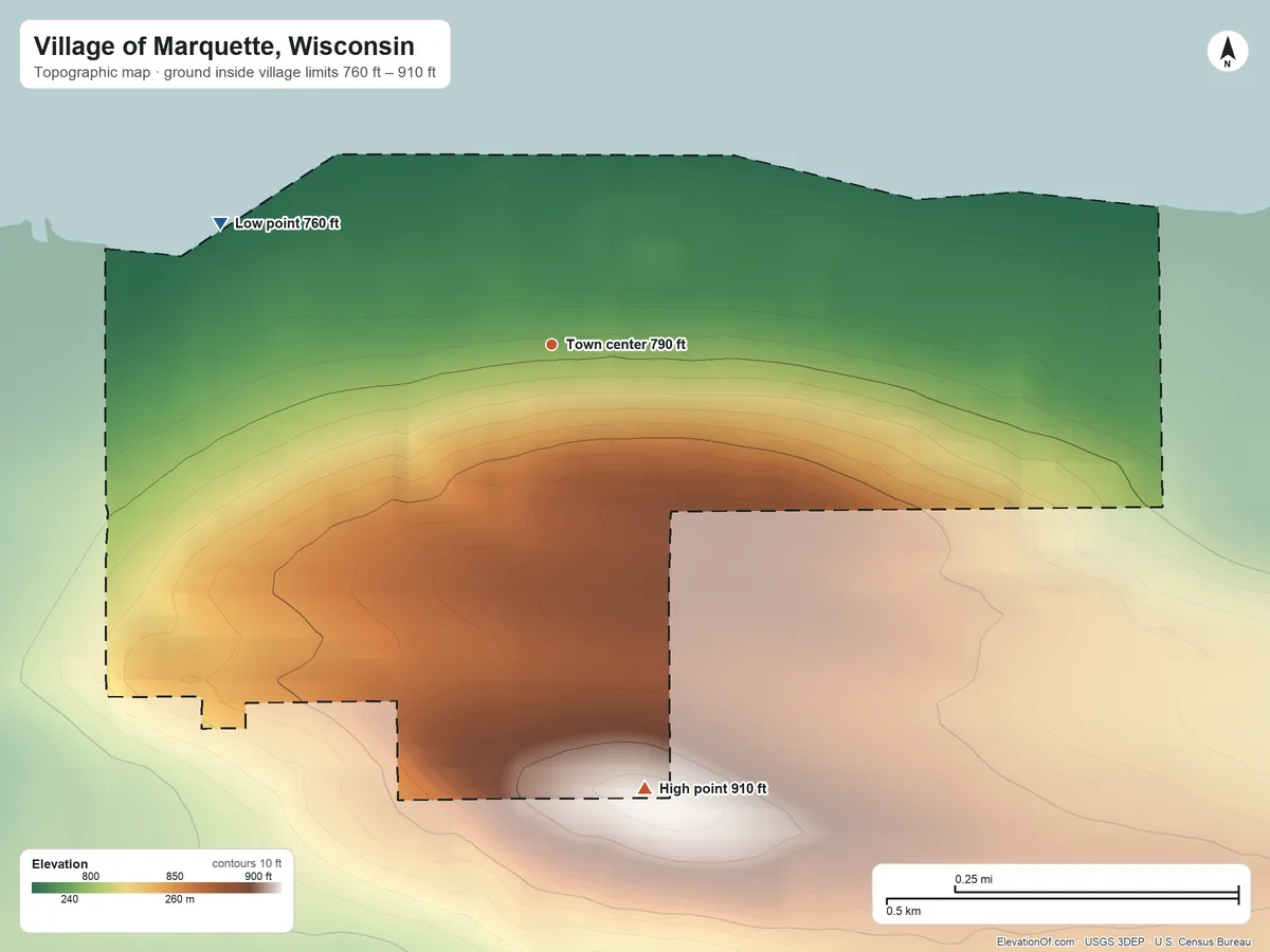 Topographic elevation map of Village of Marquette, Wisconsin, shaded from 760 ft on the west side to 910 ft on the south side