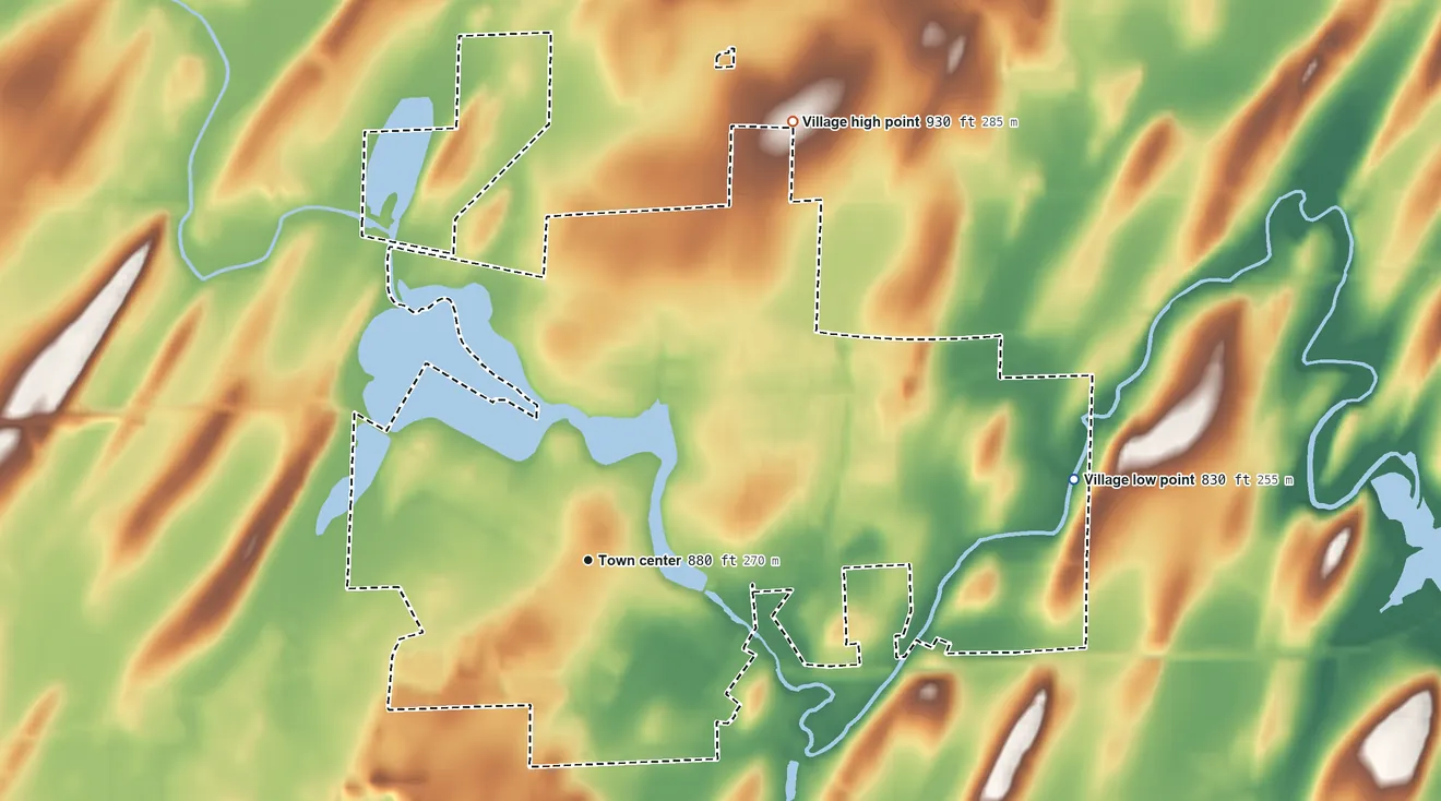 Topographic elevation map of Marshall, Wisconsin, shaded from 830 ft on the east side to 930 ft on the northeast side