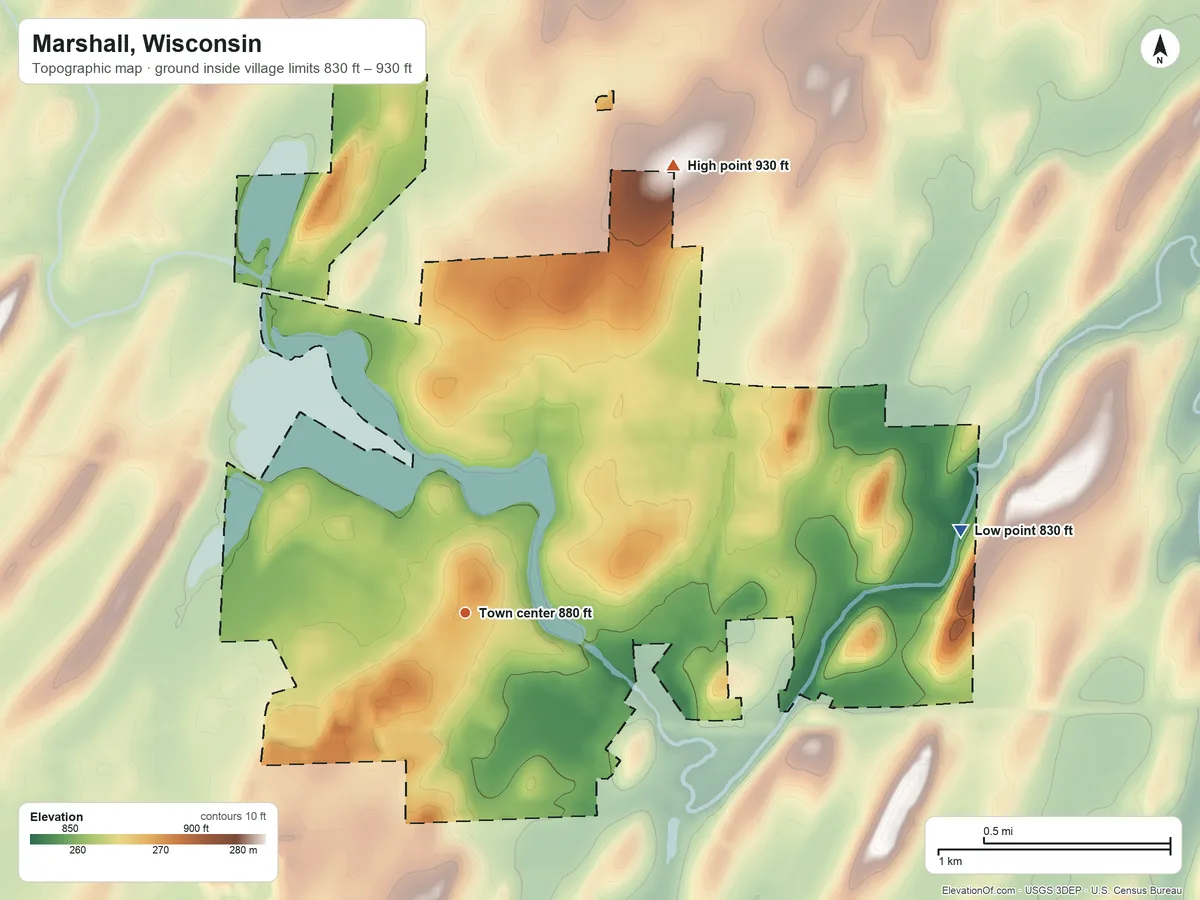 Topographic elevation map of Marshall, Wisconsin, shaded from 830 ft on the east side to 930 ft on the northeast side