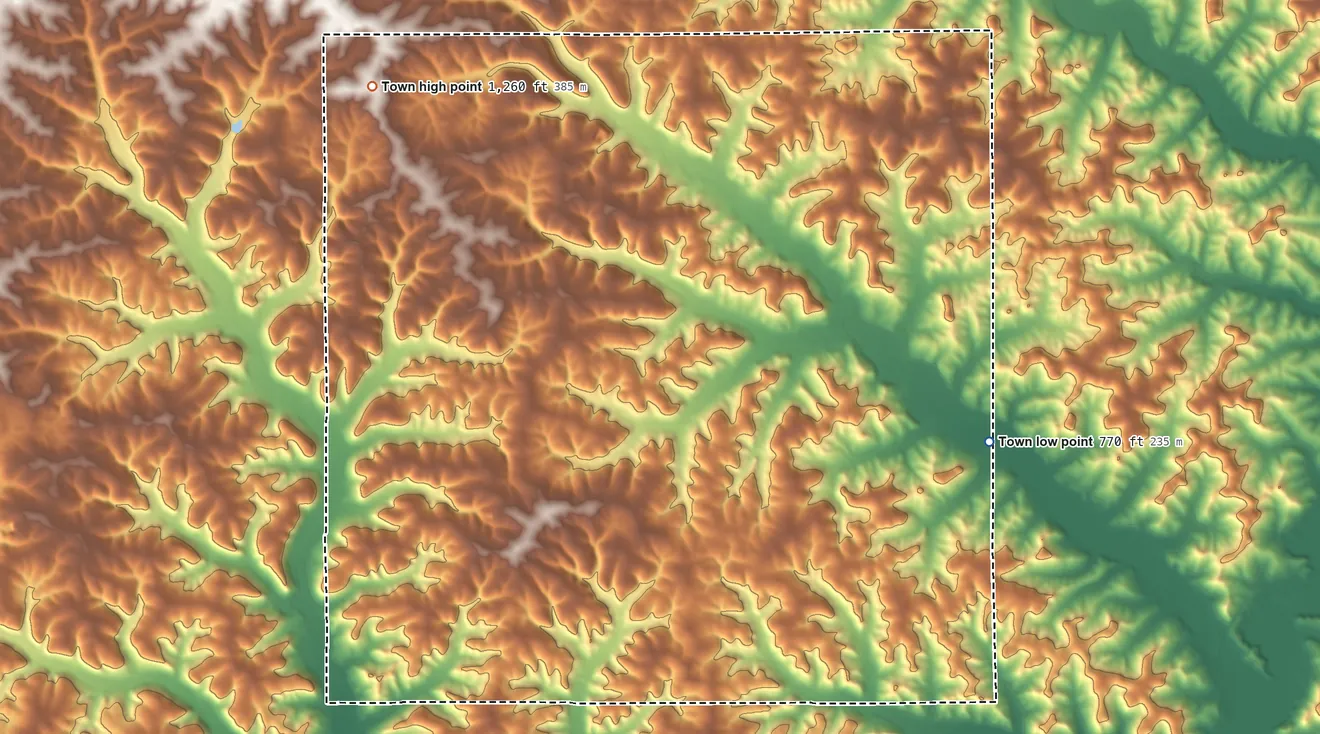 Topographic elevation map of Town of Marshall, Wisconsin, shaded from 770 ft on the east side to 1,260 ft on the northwest side