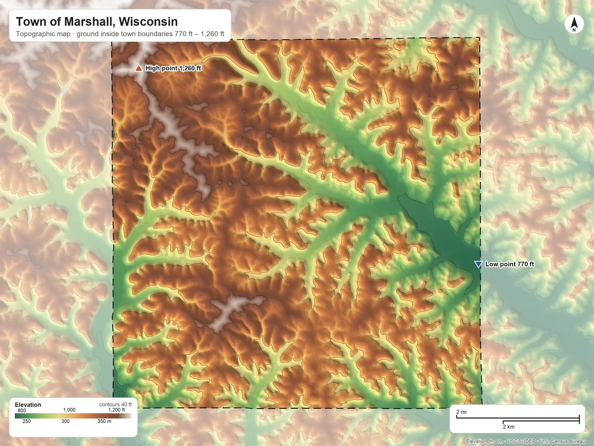 Topographic elevation map of Town of Marshall, Wisconsin, shaded from 770 ft on the east side to 1,260 ft on the northwest side