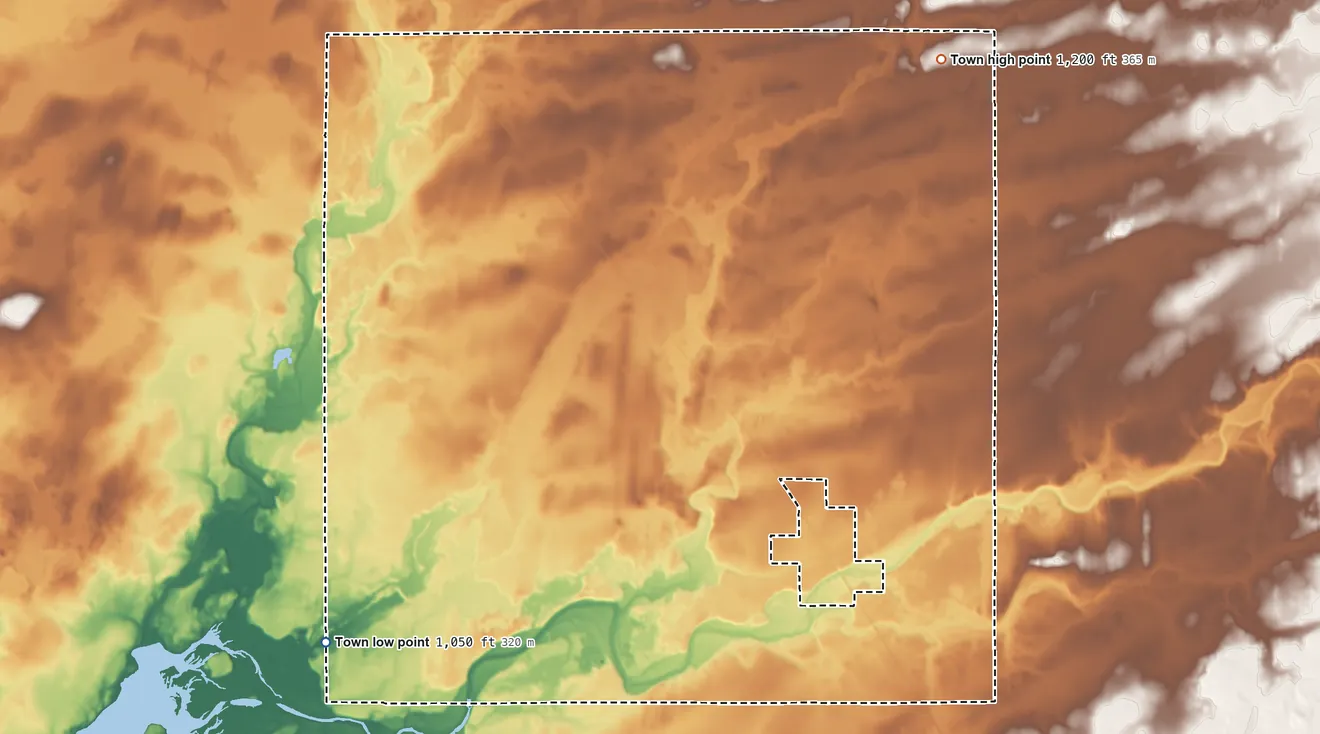 Topographic elevation map of Town of Marshall, Wisconsin, shaded from 1,050 ft on the southwest side to 1,200 ft on the northeast side